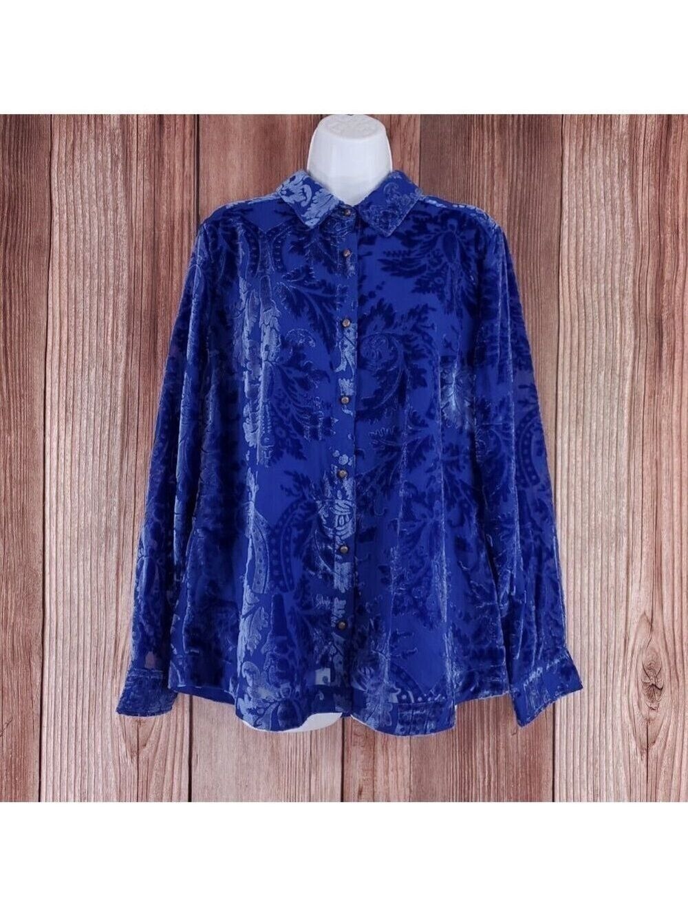 NWT Soft Surroundings Womens L Sapphire Blue Floral Velvet LS Shirt Tunic Top
